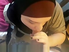 Slutty hijab boy wearing make up and sucking white dick