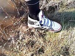 adidas tops wet walking through deep puddle after mud