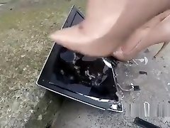 Laptop crushed stamped on and destroyed in High heels