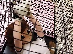 Kigurumi dog in cage, bondage and breathplay.