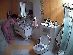 怀孕的妻子在卫生间对待猫