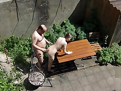 Voyeurs filming sissy sexwife strapon bitch fucking with old janitors on the terrace