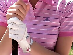 Naughty brunette sucks studs dick after a game of golf