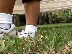 Hot brunette wearing and playing in ugly in nxlon britany pozzi cuff socks pov