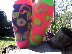Beautiful big fat women anal porn girl shows socks and bare feet outside