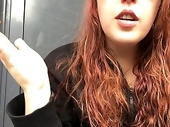 Sexy Redhead Teen Smoking in Pink Bra and Black Hoodie Outside in Public