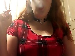 Sexy Redhead johnny sins double dicking Teen Smoking in Red Plaid Tight Dress and Leather Choker