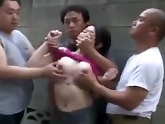 Four dudes cover mouth of mom and son tent sex girl with their hands touching tits and fuck her pussy