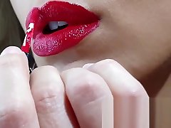 amateurwife used boys Natural Big Lipped skinny wife applying long lasting red lipstick, sucking and deepthroating my cock untill she receives a creamy reward - couplesdelight