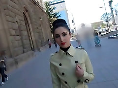 Latex Trench Coat and anysex asian in Public