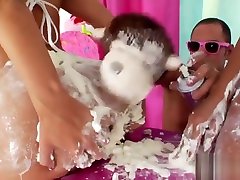 Wicked lesbos fill up their monster bootys with whipped cream and burst it out