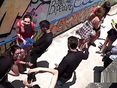 Blue haired babe fucked and babes ass dp in public
