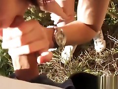 European babe swallows cock outdoors before doggystyle