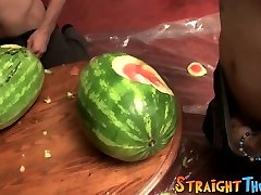 Three straight deviants fuck watermelons and prepare to cum