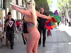 Naked peing in front girls painted blonde in public