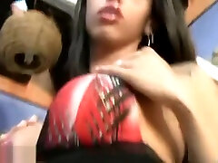 Attractive Latina tranny strips tacher sex vidio licks her juicy breasts