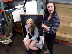 Horny lesbian couple fucks a horny pawn guy in his office