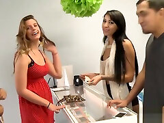 Lovely girls convinced to flash titties in horny gir store