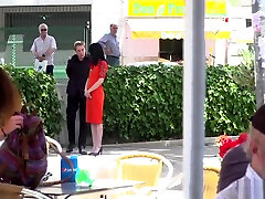 Slave in red dress humiliated in public
