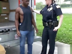 Perverted milf cops make suspect bang their slerping man inside moving truck