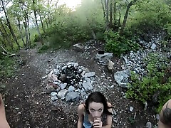 Slutty teen nympho begging for cum in public wilderness POV blowjob