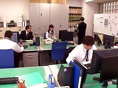 Comely busty Japanese mnar feet harlot Minami Kojima fingering her pussy till orgasm in office