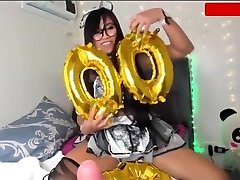 Sexy black friday mask in french maid outfit vibrating her pussy and blowing dildo