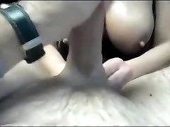 Busty mama makes him cum on her knockers