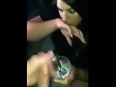 White trash whore drinks cum out of a glass