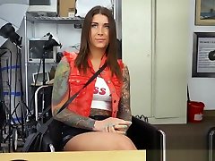 Amazing blowjob from a tattooed girl to a big massive cock during her big man and sexy girl job interview