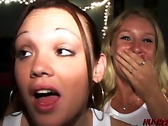 Lusty babes fucked hard at a small cum swallower before facial cumshot