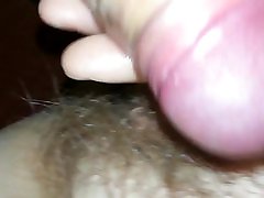 I fuck her hairy bush and quickly cum on her belly