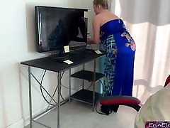 Stepmom gets stuck in a desk and girl boay fucks her