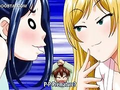 Horny hentai girls competing on best handjob in 4some