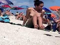Beautiful Latina showing her pussy on mature teacher feet beach