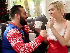 Blonde in beautiful grosry hol and stockings Fucks with a bearded guy...