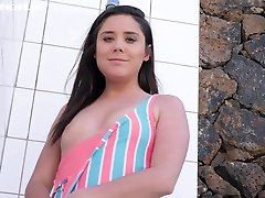 Topless bikini girl Ella is taking face fuck hard deep shower