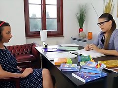 Lesbo college sluts playing with dildos in classroom