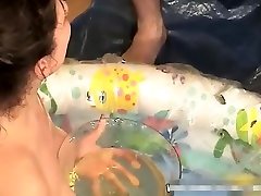 Milf with big boobs gets her face covered in sperm fucking doll piss