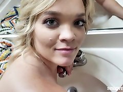 Filthy stepsister Katie Kush gives a POV blowjob after taking a shower