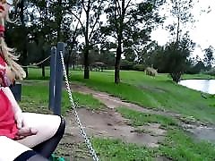 Sissy shemale slut flashing chubby baby outdoors cumming on a golf course
