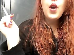 fake driving leson Redhead Teen Smoking in Pink Bra and Black Hoodie Outside in Public