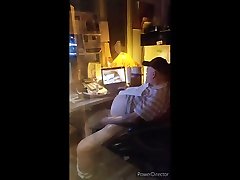 fat older couple watches jerking off at work