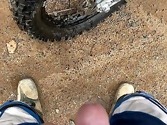 dirt biker pisses on rear dirt str8 chubold knobby tire