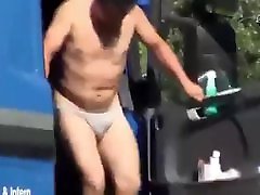 this truck driver just he woke up, gets a good piss outdoor