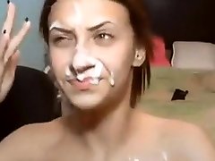 Webcam cozy teen cums hard sucks out thick facial cream