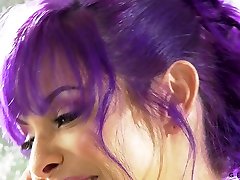 Purple haired bitchie shemale TS Foxxy loves being analfucked from behind