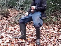 horny wank and cum in forest wearing dirty rubber boots