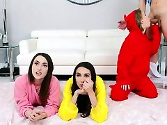 Three girlfriends spicing up pajama blonde teen on hidden cam with a cock
