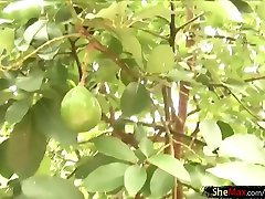 Fruit Eating Shemale With Massive Boobs Strokes Her Shecock